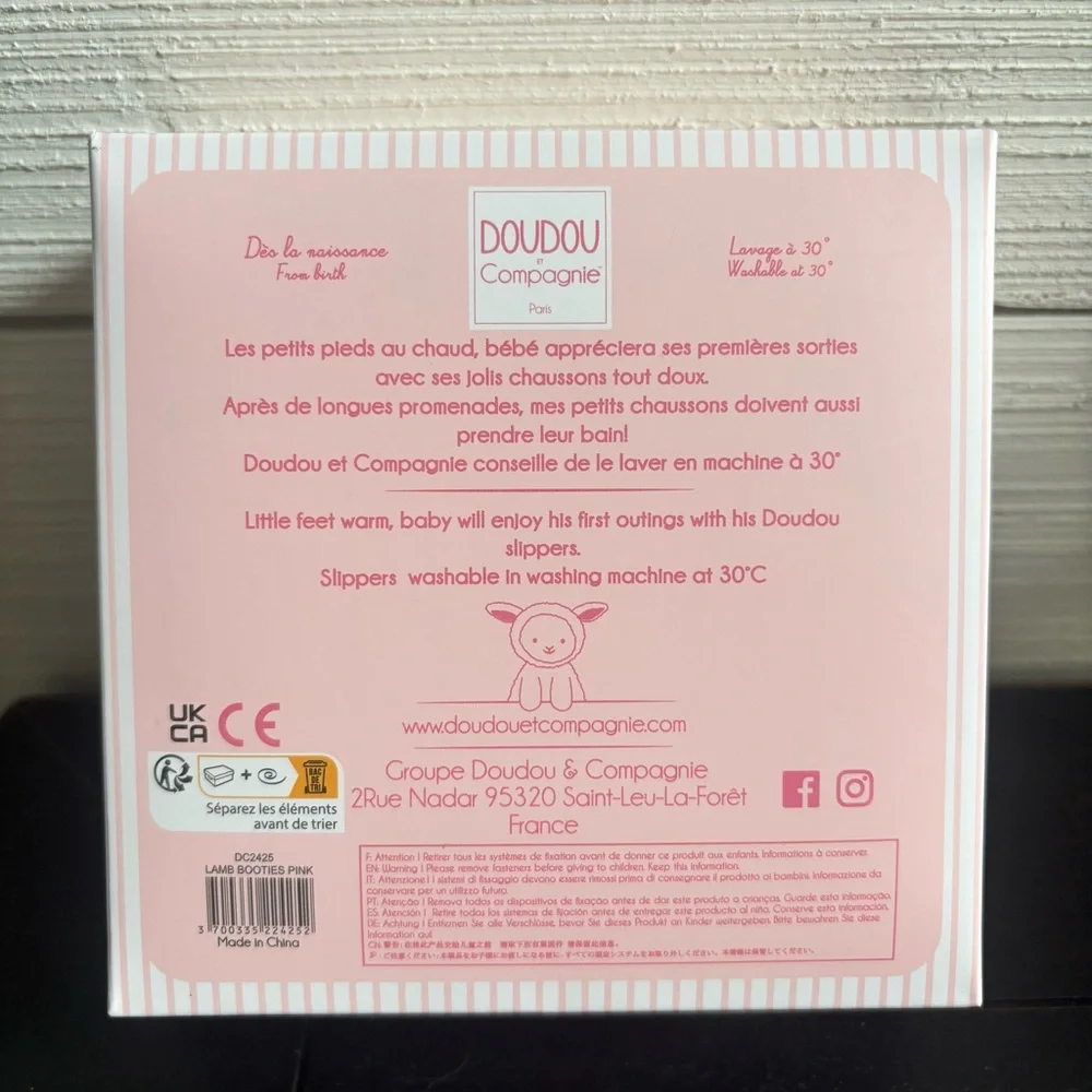 Doudou et Compagnie Paris Baby Lamb Booties Pink Soft Plush Rattle Slippers NEW